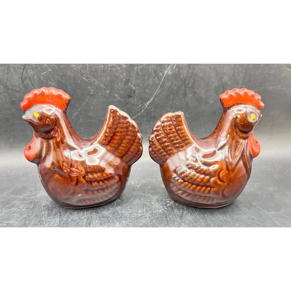 Vtg‎ Brown Rooster Chicken Salt And Pepper Shakers Kitchen Decor Collectible